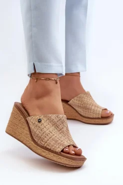 Klapki Damskie Na Koturnie Sergio Leone KL213 Beżowe