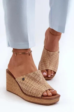 Klapki Damskie Na Koturnie Sergio Leone KL213 Beżowe