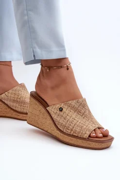 Klapki Damskie Na Koturnie Sergio Leone KL213 Beżowe