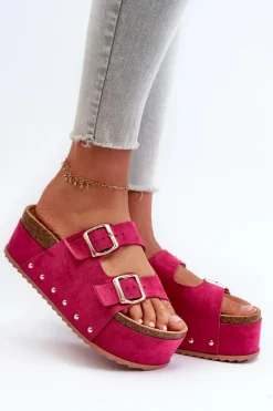 Klapki Damskie Na Masywnej Platformie Z Klamrami Fuksja Cremila