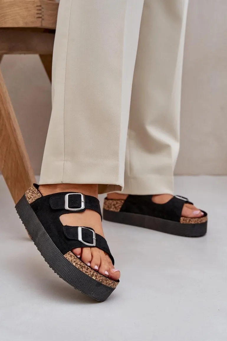 Klapki Damskie Na Masywnej Platformie Z Klamrami Czarne Aramia