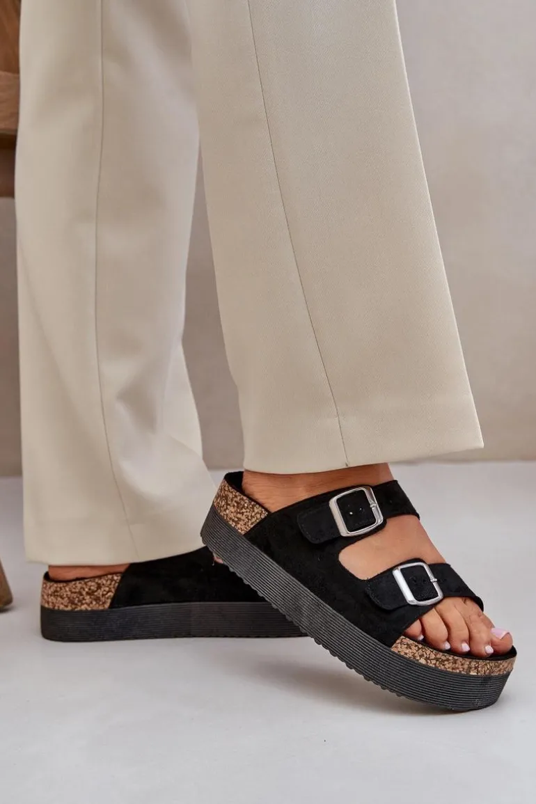 Klapki Damskie Na Masywnej Platformie Z Klamrami Czarne Aramia