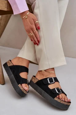 Klapki Damskie Na Masywnej Platformie Z Klamrami Czarne Aramia