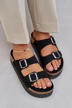 Klapki Damskie Na Masywnej Platformie Z Klamrami Czarne Aramia