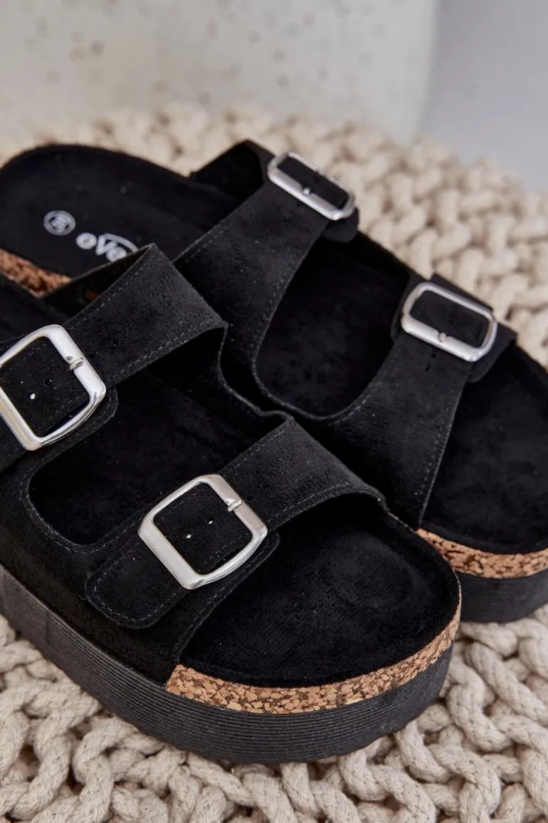 Klapki Damskie Na Masywnej Platformie Z Klamrami Czarne Aramia