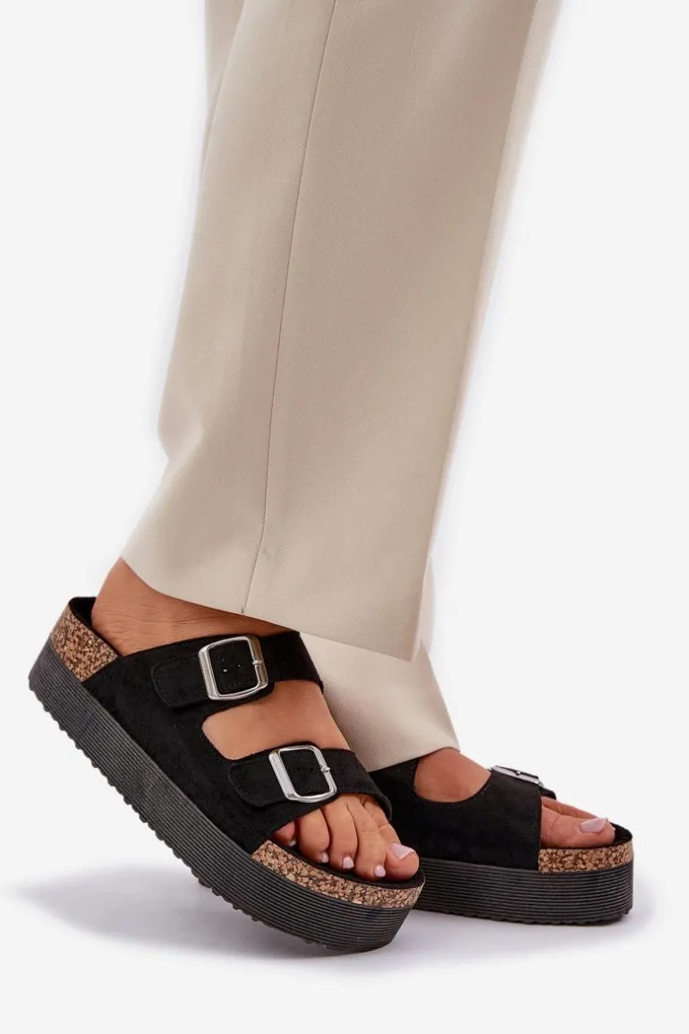 Klapki Damskie Na Masywnej Platformie Z Klamrami Czarne Aramia