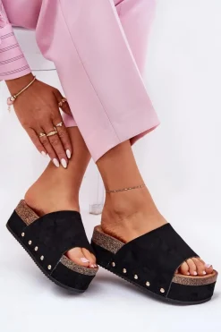 Klapki Damskie Na Masywnej Platformie Eko Zamszowe Czarne Vinnibe