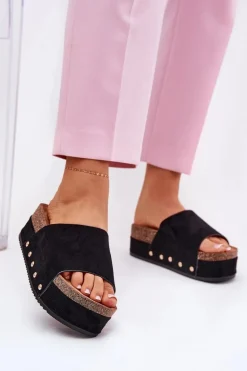 Klapki Damskie Na Masywnej Platformie Eko Zamszowe Czarne Vinnibe