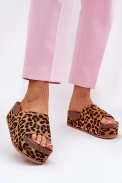 Klapki Damskie Na Masywnej Platformie Eko Zamszowe Panterka Brązowe Vinnibe