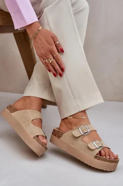 Klapki Damskie Na Masywnej Platformie Z Klamrami Beżowe Aramia