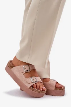 Klapki Damskie Na Masywnej Platformie Z Klamrami Różowe Aramia