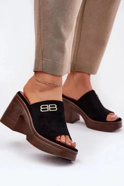 Klapki Damskie Na Masywnym Obcasie Ze Złotym Detalem Vinceza 17400 Czarne