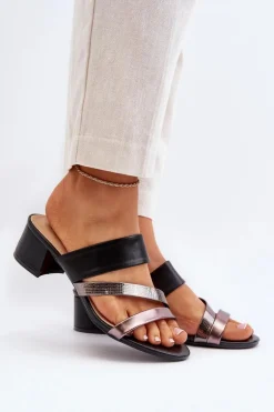 Klapki Damskie Na Niskim Obcasie Czarne Rosila