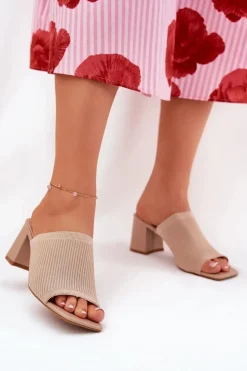 Klapki Damskie Na Obcasie Typu Słupek Beżowe Wenilan