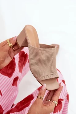 Klapki Damskie Na Obcasie Typu Słupek Beżowe Wenilan