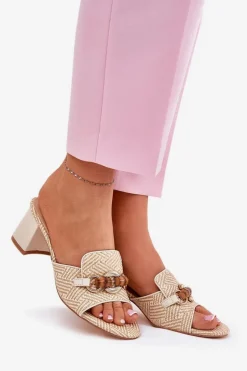 Klapki Damskie Na Obcasie Z Ozdobą Beżowe Ovittole