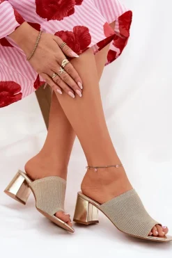Klapki Damskie Na Obcasie Typu Słupek Złote Wenilan