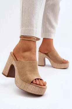 Klapki Damskie Na Obcasie Słupku Brązowe Siobhan