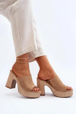 Klapki Damskie Na Obcasie Słupku Brązowe Siobhan