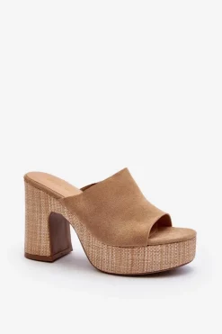 Klapki Damskie Na Obcasie Słupku Brązowe Siobhan