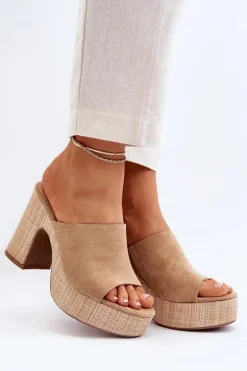 Klapki Damskie Na Obcasie Słupku Brązowe Siobhan