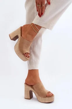 Klapki Damskie Na Obcasie Słupku Brązowe Siobhan