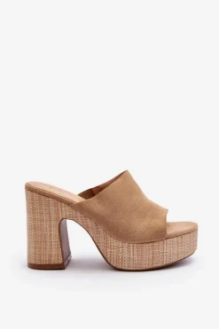 Klapki Damskie Na Obcasie Słupku Brązowe Siobhan