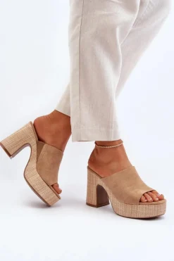 Klapki Damskie Na Obcasie Słupku Brązowe Siobhan