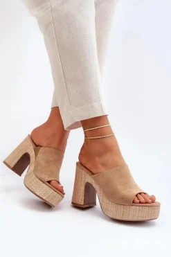 Klapki Damskie Na Obcasie Słupku Brązowe Siobhan