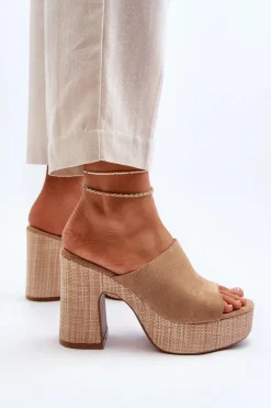 Klapki Damskie Na Obcasie Słupku Brązowe Siobhan