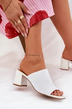 Klapki Damskie Na Obcasie Typu Słupek Białe Wenilan
