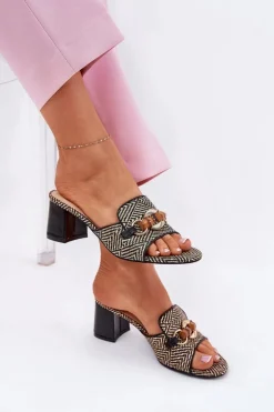 Klapki Damskie Na Obcasie Z Ozdobą Czarne Ovittole