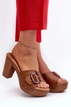 Klapki Damskie Na Obcasie Słupku Z Klamrą Brązowe Betinna