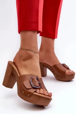 Klapki Damskie Na Obcasie Słupku Z Klamrą Brązowe Betinna