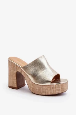 Klapki Damskie Na Obcasie Słupku Złote Siobhan