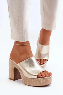 Klapki Damskie Na Obcasie Słupku Złote Siobhan