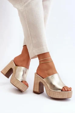 Klapki Damskie Na Obcasie Słupku Złote Siobhan