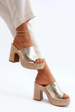 Klapki Damskie Na Obcasie Słupku Złote Siobhan