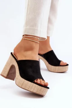 Klapki Damskie Na Obcasie Słupku Czarne Siobhan