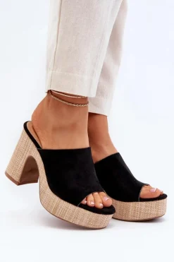 Klapki Damskie Na Obcasie Słupku Czarne Siobhan