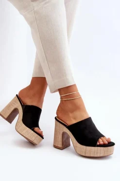 Klapki Damskie Na Obcasie Słupku Czarne Siobhan