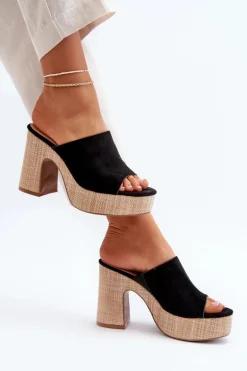Klapki Damskie Na Obcasie Słupku Czarne Siobhan