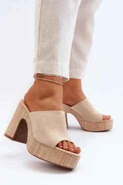 Klapki Damskie Na Obcasie Słupku Beżowe Siobhan