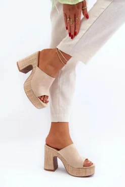 Klapki Damskie Na Obcasie Słupku Beżowe Siobhan