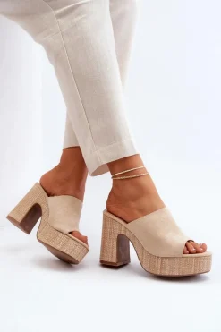 Klapki Damskie Na Obcasie Słupku Beżowe Siobhan