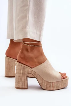 Klapki Damskie Na Obcasie Słupku Beżowe Siobhan