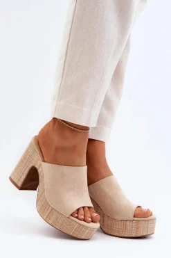 Klapki Damskie Na Obcasie Słupku Beżowe Siobhan