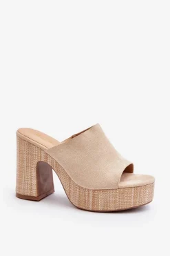 Klapki Damskie Na Obcasie Słupku Beżowe Siobhan