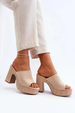 Klapki Damskie Na Obcasie Słupku Beżowe Siobhan