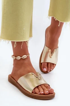 Klapki Damskie Na Płaskiej Podeszwie Z Ozdobą Eko Skórzane Złote Makia